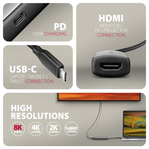 RVC-HI8KPD Adapter aktywny USB-C -> HDMI 8K/60Hz, Aluminum, PD100W, 16cm kabel AXAGON