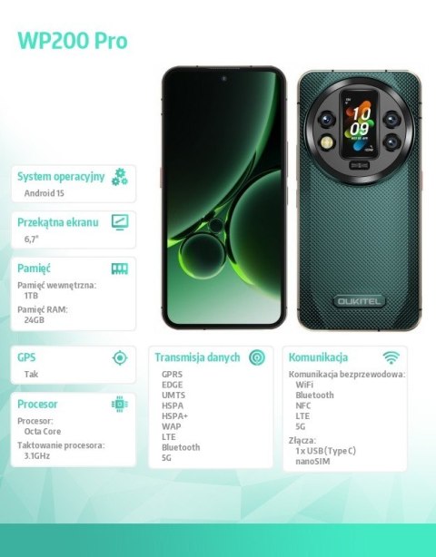 Smartfon WP200 Pro 5G 24GB/1TB IP69K Zielony OUKITEL