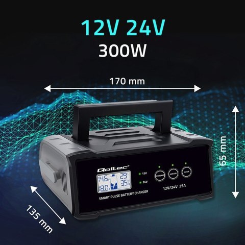 Mikroprocesorowa ładowarka 12V 24V 25A | Prostownik z funkcją naprawy do akumulatora AGM GEL SLA | LCD Qoltec