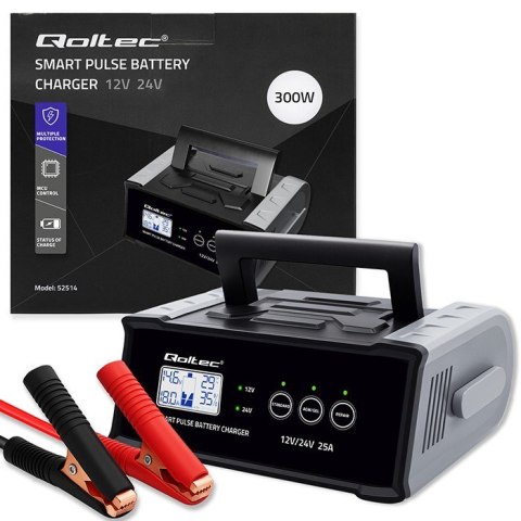 Mikroprocesorowa ładowarka 12V 24V 25A | Prostownik z funkcją naprawy do akumulatora AGM GEL SLA | LCD Qoltec