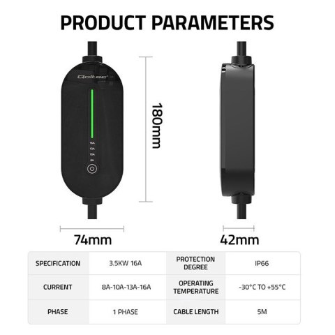 Mobilna ładowarka do samochodu elektrycznego EV z regulacją 2w1 Typ2 | 3.5kW | 230V | LCD | LED | 5m Qoltec