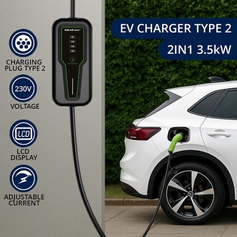 Mobilna ładowarka do samochodu elektrycznego EV z regulacją 2w1 Typ2 | 3.5kW | 230V | LCD | Przenośna |4m Qoltec