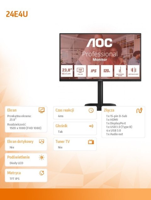Monitor 24E4U 23.8 cala IPS 120Hz HDMI DP VGA Pivot Głośniki AOC