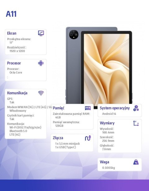 Tablet Tab A11 4G 11" 4/128GB Space Grey z ładowarką ULEFONE