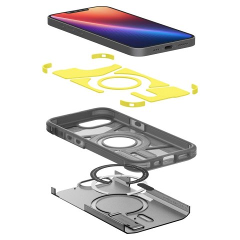 Etui plecki na iPhone 16e z podstawką Tough Armor MagSafe - przezroczysto-szare SPIGEN