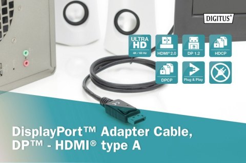 Kabel adapter DisplayPort 1.2 z zatrzaskiem 4K 60Hz UHD Typ DP/HDMI A M/M czarny 3m Digitus