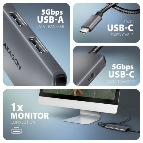 HMC-5H8K Wieloportowy hub USB 5in1, 5Gbps, 2x USB-A, 1x USB-C, HDMI 8K/30Hz, PD 100W, 15cm USB-C kabel AXAGON