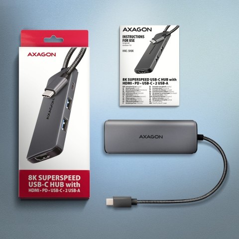 HMC-5H8K Wieloportowy hub USB 5in1, 5Gbps, 2x USB-A, 1x USB-C, HDMI 8K/30Hz, PD 100W, 15cm USB-C kabel AXAGON