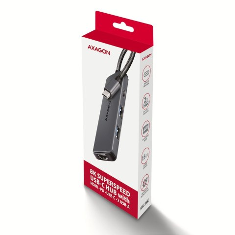 HMC-5H8K Wieloportowy hub USB 5in1, 5Gbps, 2x USB-A, 1x USB-C, HDMI 8K/30Hz, PD 100W, 15cm USB-C kabel AXAGON