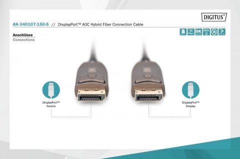 Kabel połączeniowy hybrydowy AOC DisplayPort 1.4 8K/60Hz UHD DP/DP M/M 15m Czarny Digitus