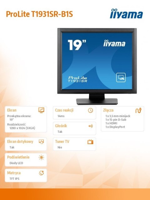 Monitor 19 cali T1931SR-B1S RESIS.IP54,HDMI,DP,VGA,2x1W,5:4 IIYAMA