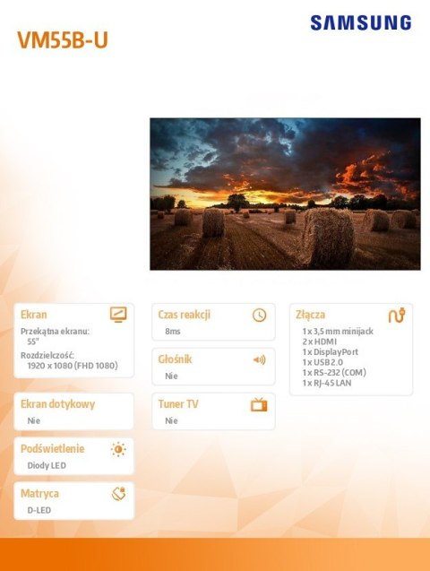 Monitor profesjonalny VM55B-U 55 cali Video Wall Matowy 24h/7 500(cd/m2) 1920 x 1080(FHD) N/A 3 lata On-Site (LH55VMBUBGBXEN) Samsung