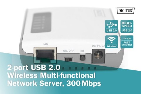 Serwer sieciowy wielofunkcyjny, bezprzewodowy 2-portowy, USB 2.0, 300Mbps Digitus