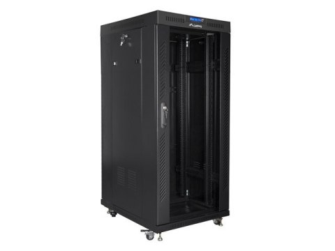 Szafa instalacyjna rack stojąca 19 27U 600x800 czarna, drzwi szklane LCD (Flat pack) Lanberg
