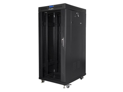 Szafa instalacyjna rack stojąca 19 27U 600x800 czarna, drzwi szklane LCD (Flat pack) Lanberg