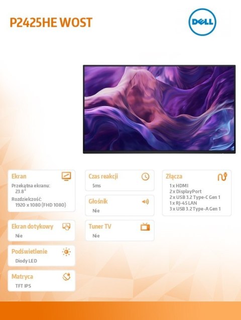 Monitor 23.8 cala P2425HEWO IPS 1920x1080/16:9/HDMI/DP/USBC/RJ45/USB/No stand/3Y Dell