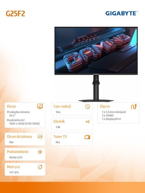 Monitor 25 cali AORS G25F2 EK IPS/FHD/200Hz/2HDMI/DP Gigabyte