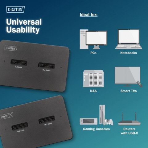 Stacja dokująca USB-C 3.2 Gen2 dla dysków SSD M.2 Duo NVMe oraz SATA (max. 2x 4 TB) z czytnikiem kart SD-Express 7.1 (max. 2 TB) Digitus