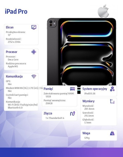 IPad Pro 13 cali Wi-Fi 256 GB ze standardowym szkłem - Gwiezdna czerń Apple