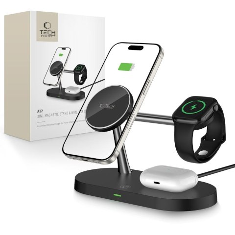 Ładowarka indukcyjna 3w1 na smartfon słuchawki smartwatch z MagSafe - czarna Tech-Protect