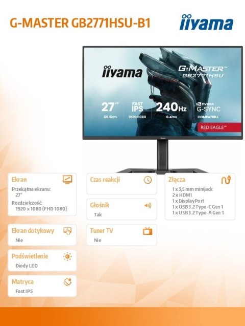 Monitor 27 cali GB2771HSU-B1 0.4ms,Fast IPS, HAS (150) PIVOT, 1xUSB 3.2, 1xUSB C, 240Hz, DP, 2xHDMI,Adaptive G-SYNC-1920x IIYAMA