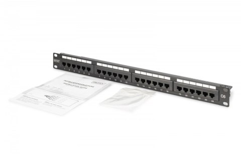 Panel krosowy (patch panel) 19'' 24x RJ45, LSA pion, kat.6, nieekranowany, 1U, prowadnica kabli, pola opisowe, Czarny Digitus