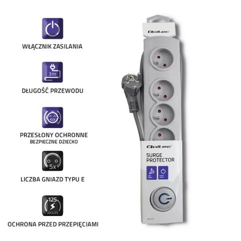 Listwa antyprzepięciowa 5 gniazd | 3m | szara Qoltec