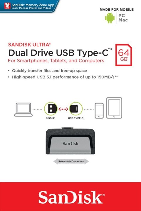 Pendrive Ultra Dual Drive 64GB USB 3.1 Type-C 150MB/s SanDisk