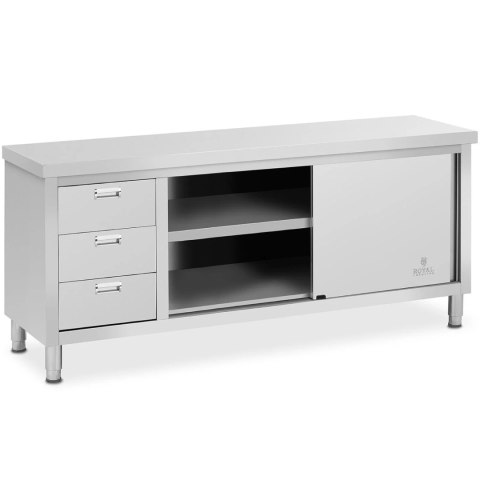 Stół blat roboczy centralny z szafką z drzwiami suwanymi i 3 szufladami 200 x 60 x 85 cm Royal Catering