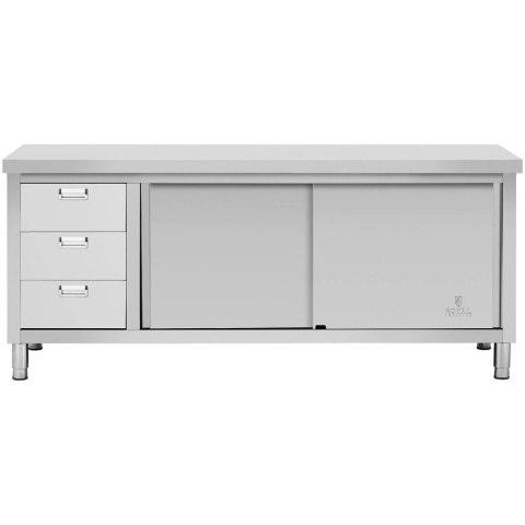 Stół blat roboczy centralny z szafką z drzwiami suwanymi i 3 szufladami 200 x 60 x 85 cm Royal Catering