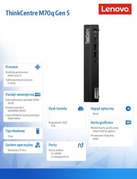 Komputer M70q Tiny G5 12TD0011PB W11Pro i7-14700T/16GB/1TB/INT/vPro/3YRS OS Lenovo