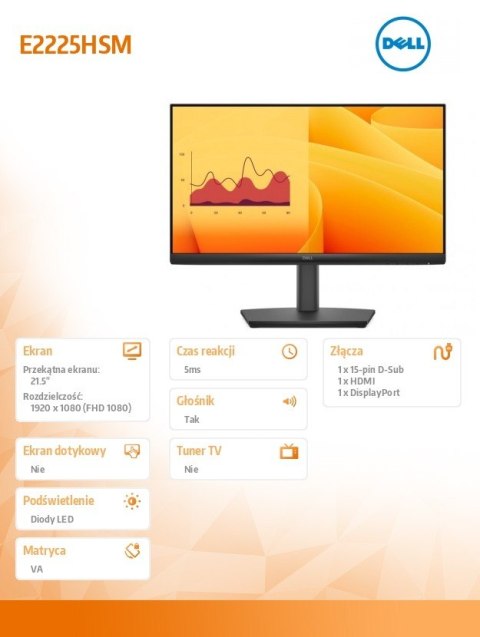 Monitor E2225HSM 21.5 cala LED VA Full HD (1920 x1080)/16:9/DP/HDMI/VGA/Speakers/3Y Dell
