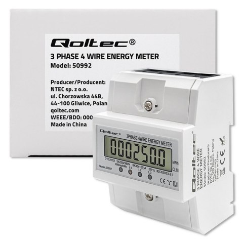 Trójfazowy elektroniczny licznik | miernik zużycia energii na szynę DIN | 400V | 100A | LCD | 4P Qoltec