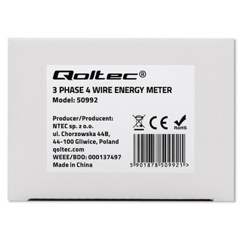 Trójfazowy elektroniczny licznik | miernik zużycia energii na szynę DIN | 400V | 100A | LCD | 4P Qoltec