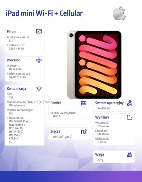 IPad mini Wi-Fi + Cellular 128GB Księżycowa poświata Apple