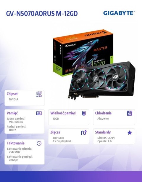 Karta graficzna GeForce RTX 5070 AORUS MASTER 12GB GDDR7 192bit HDMI/3DP Gigabyte