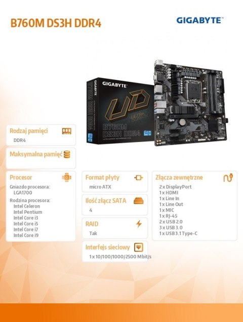 Płyta główna B760M DS3H DDR4 s1700 DDR4 2DP/HDMI mATX Gigabyte