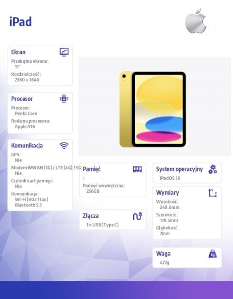 IPad WiFi 11 cali 256GB Żółty Apple
