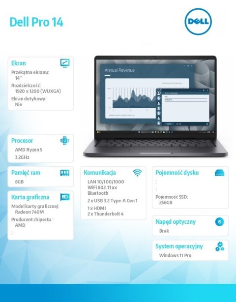 Laptop Dell Pro 14 PC14255/AMD Ryzen 5 220/8GB/256GB CL35/14.0 FHD+/AMD Radeon 740M/FgrPr/Cam&Mic/WLAN+BT/Backlit Kb/3 Cell/W11P Dell