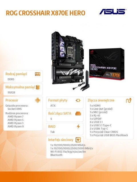 Płyta główna ROG CROSSHAIR X870E HERO AM5 4DDR5 HDMI/USB-C Asus