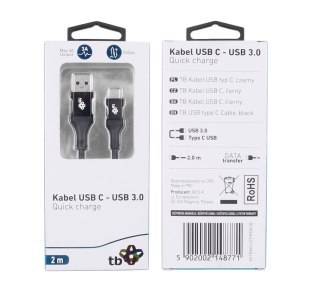 Kabel USB 3.0 - USB C 2m PREMIUM 3A czarny TPE TB