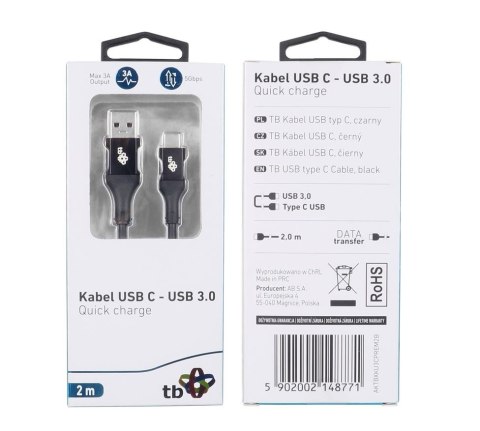 Kabel USB 3.0 - USB C 2m PREMIUM 3A czarny TPE TB