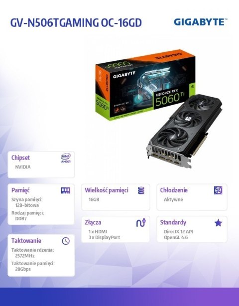 Karta graficzna GeForce RTX 5060 Ti GAMING OC 16G 128BIT GDDR7 HDMI/3DP Gigabyte