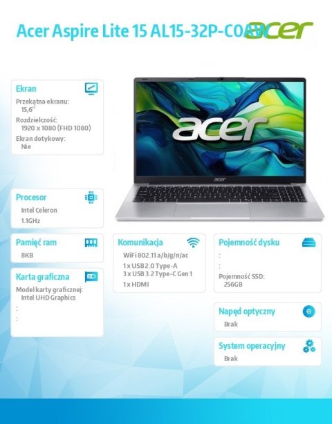 Laptop Lite 15 AL15-32P-C0AW Celeron N4500, 15.6 FHD IPS, 8GB, 256GB SSD, No OS, Pure Silver Acer
