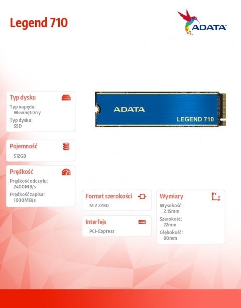 Dysk SSD Legend 710 512GB PCIe 3x4 2.4/1.6 GB/s M2 Adata