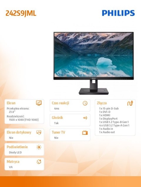 Monitor 23,8 cali 242S9JML VA DVI HDMI DP Pivot Philips