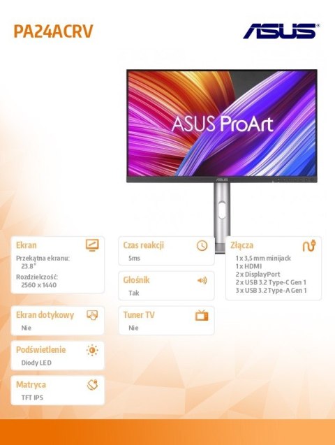 Monitor 24 cale PA24ACRV BK/5MS/EU/DP/HDMI/USB-C/GŁOŚNIKI Asus