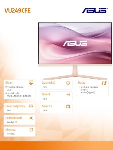 Monitor 24 cale VU249CFE-P IPS 100Hz USB-C Asus
