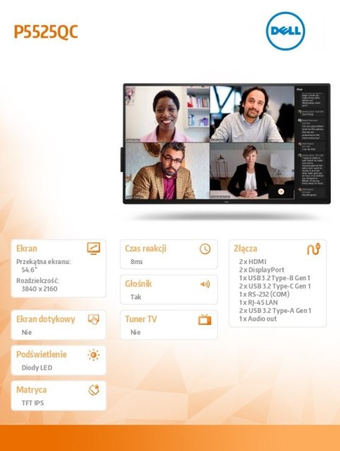 Monitor 54.6 cala P5525QC IPS 4K UHD/16:9/HDMI/DP/USB-C/RS232/USB/RJ45/Speakers/3Y Dell