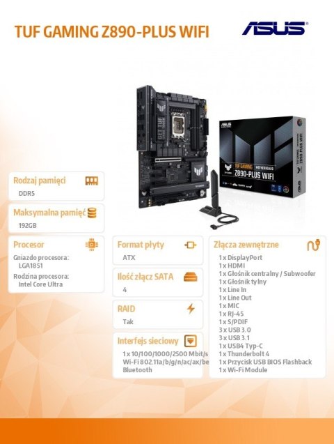Płyta główna TUF GAMING Z890-PLUS WI FI S1851 4DDR5 TB4 ATX /90MB1IQ0-M0EAY0 Asus